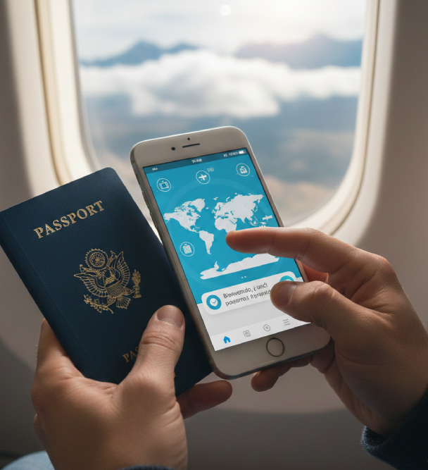 Viajero usando el celular durante su viaje, contando con asistencia al viajero para resolver imprevistos con tranquilidad.