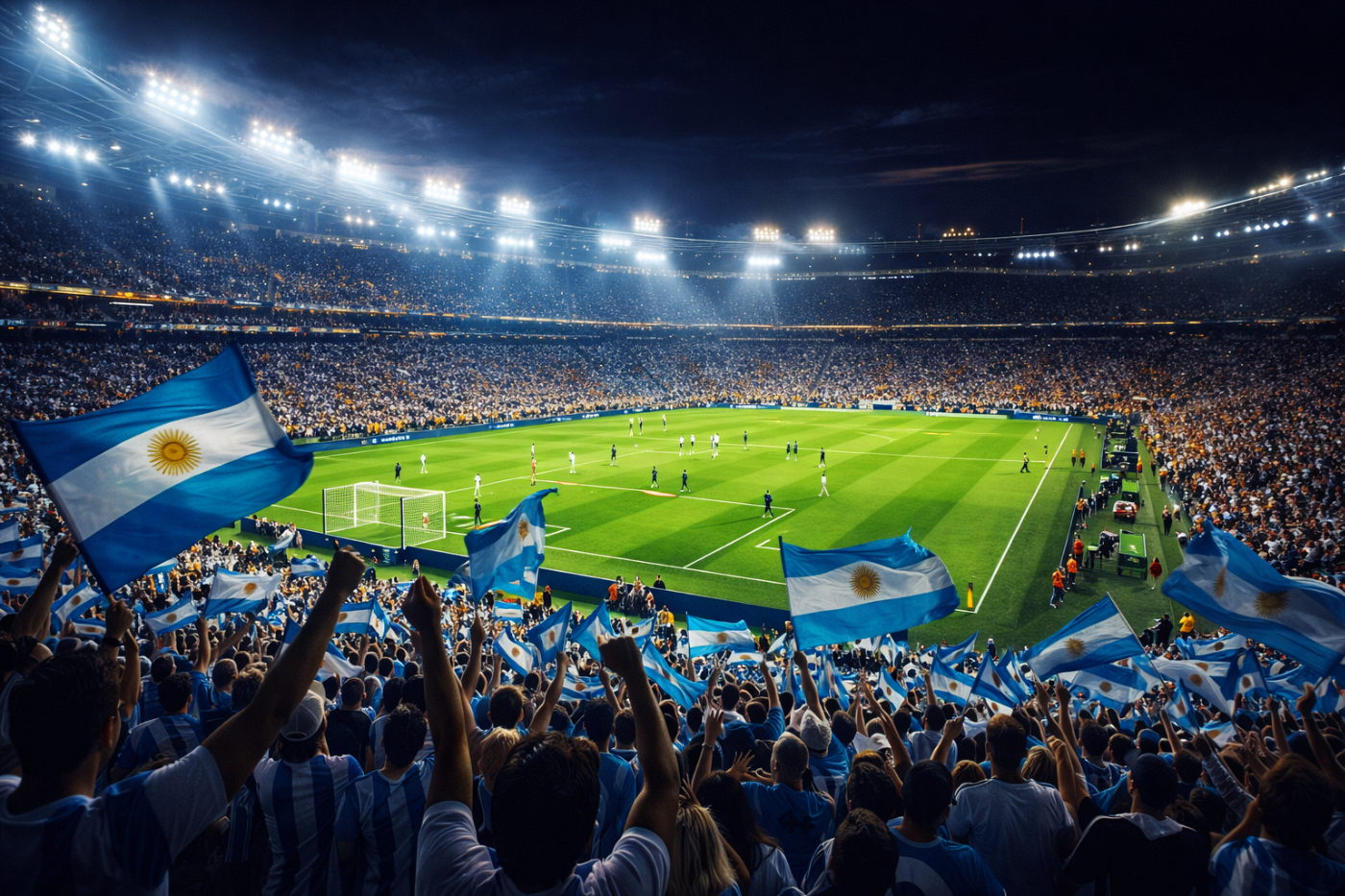 Estadio lleno de aficionados con banderas argentinas durante un partido de la Copa del Mundo 2026, iluminación nocturna y ambiente vibrante.