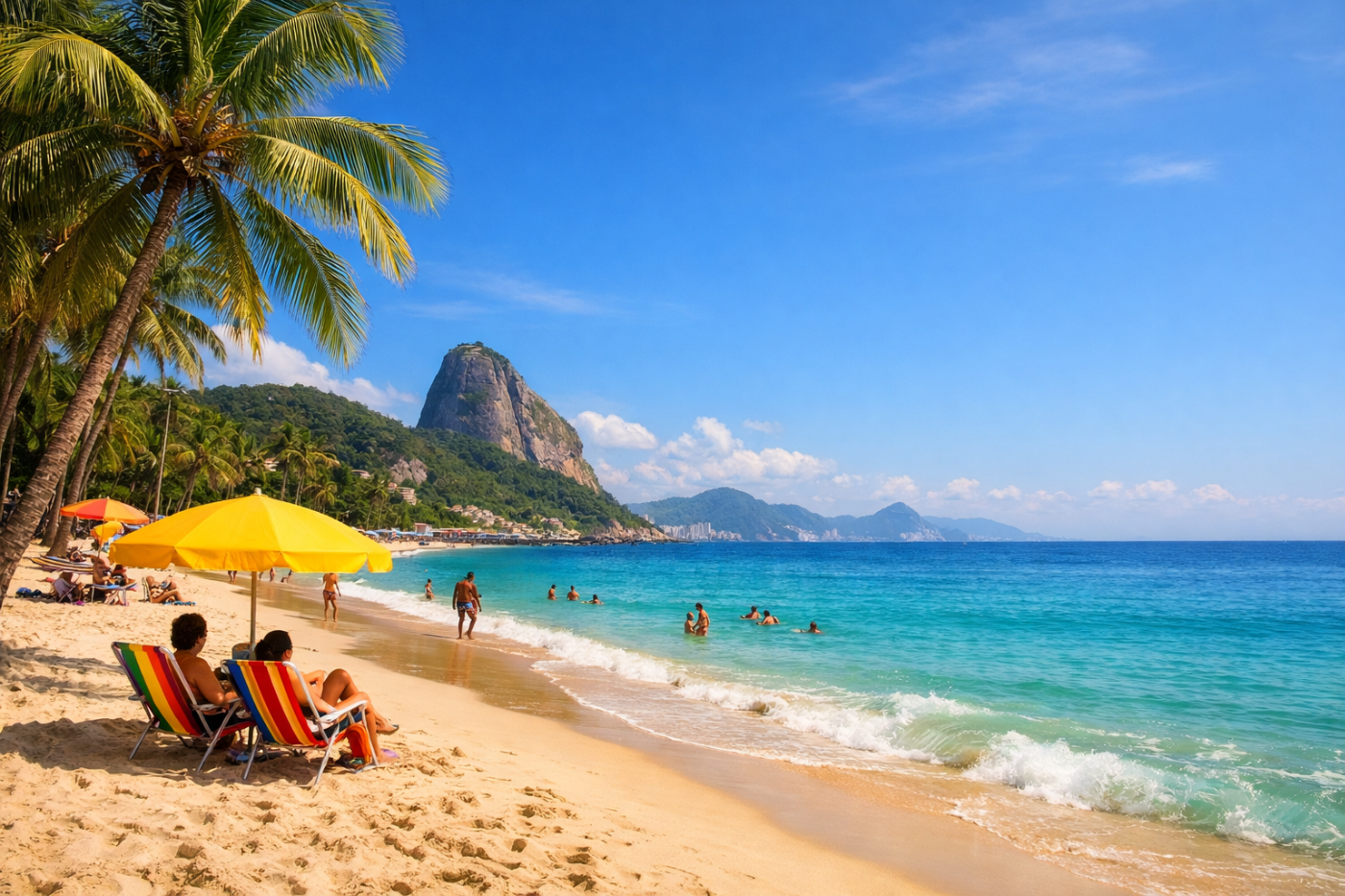 Playa de Brasil con arena blanca, mar turquesa y palmeras, cielo azul y personas disfrutando del sol.