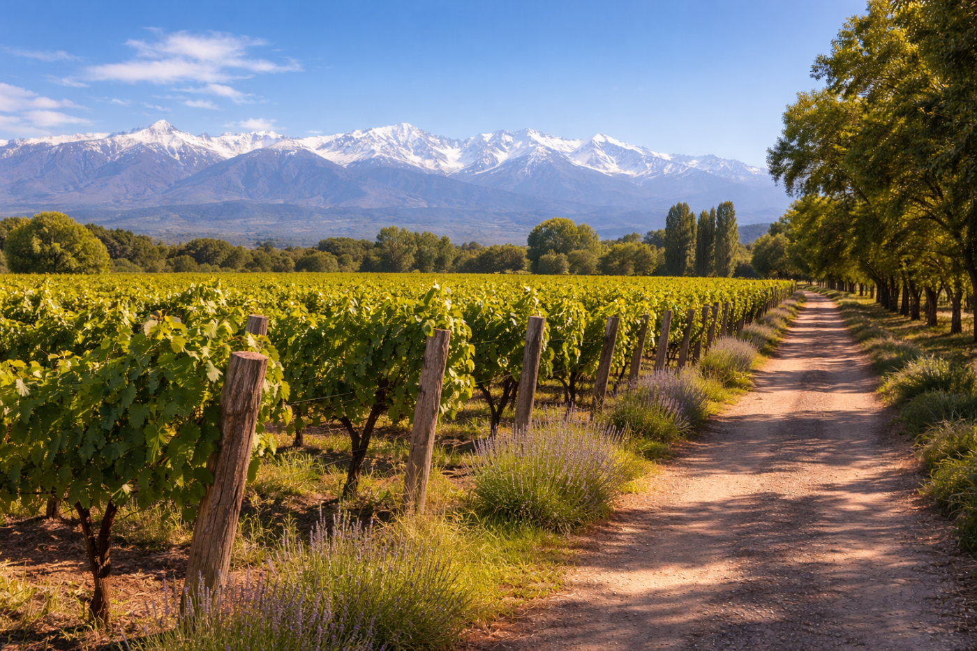 Viñedos de Mendoza, Argentina con montañas al fondo, cielo azul y camino entre las filas de uvas, ambiente soleado y relajante